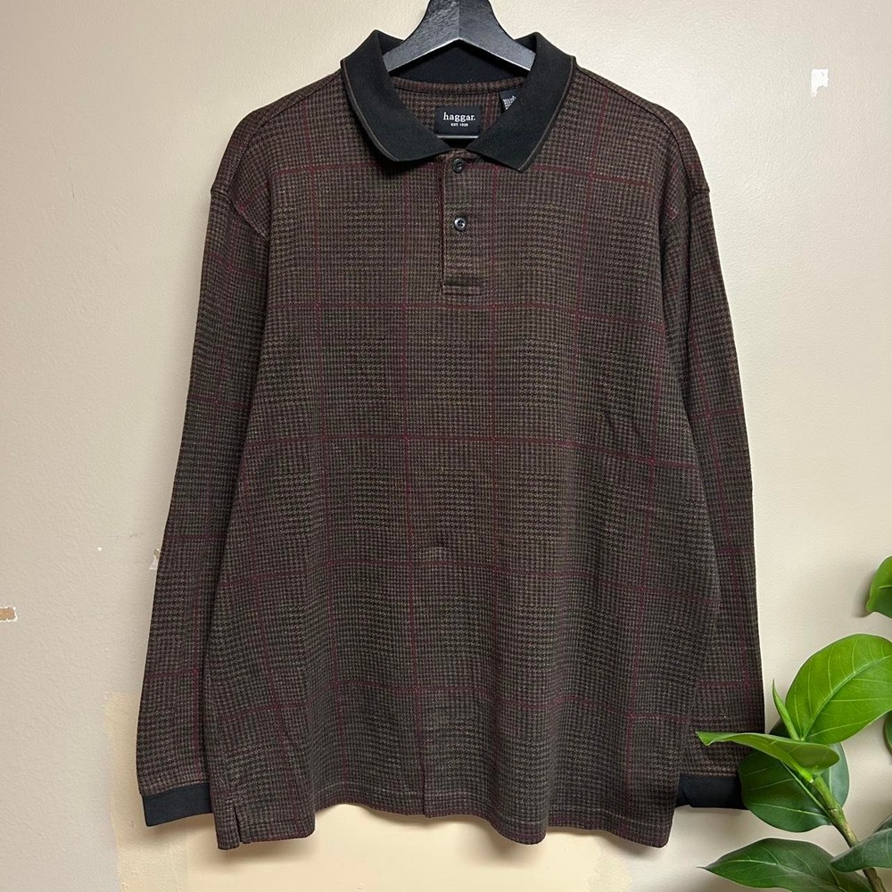 Haggar Mens Brown Checkered Long Sleeve Polo Rugby Shirt Large Y2K Vintage